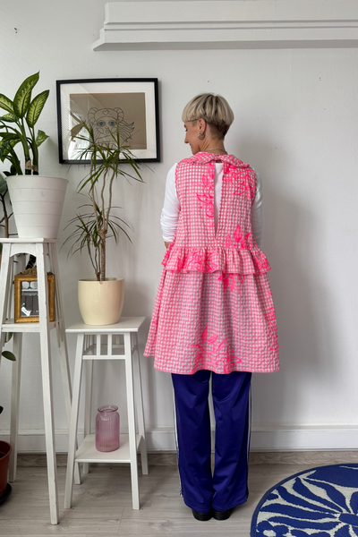 Doll Dress in Light Pink Gingham Cotton with Handrpinted drawings perfect for layering all seasons