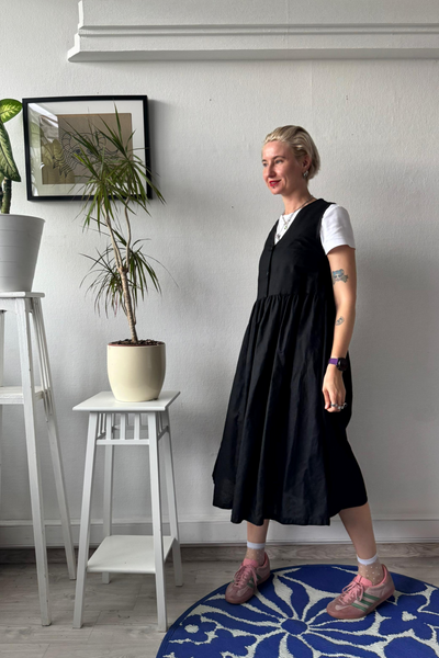 Black Cotton Midi Pinafore Dress with buttons and pockets