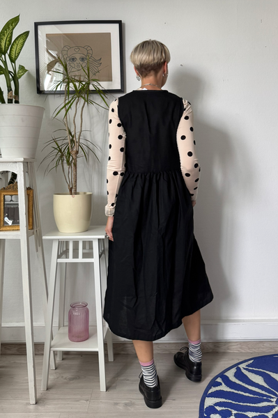 Black Linen Blend Pinafore Dress with buttons and pockets