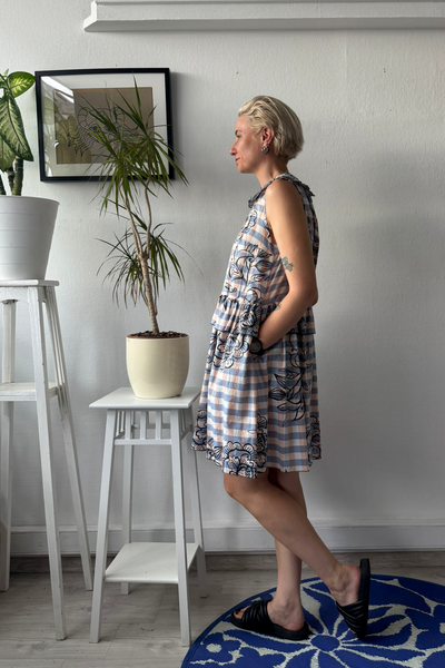 Doll Dress in Light Blue and Peach Gingham Cotton with Handrpinted drawings perfect for layering all seasons