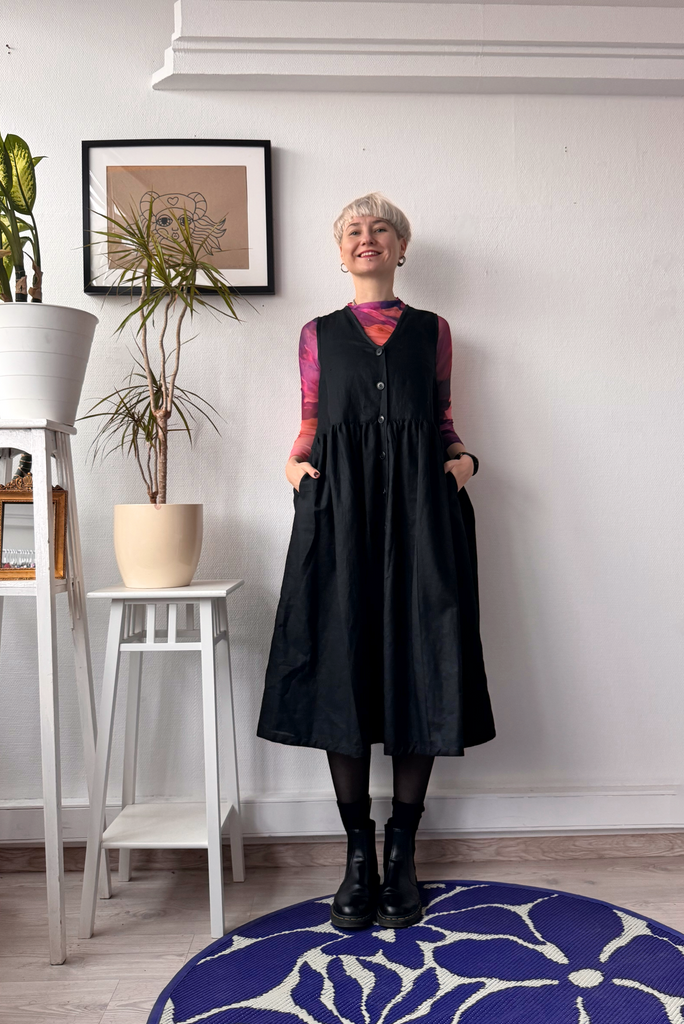 midi pinafore dress black Black Wool Pinafore Midi Dress with Pleated Skirt