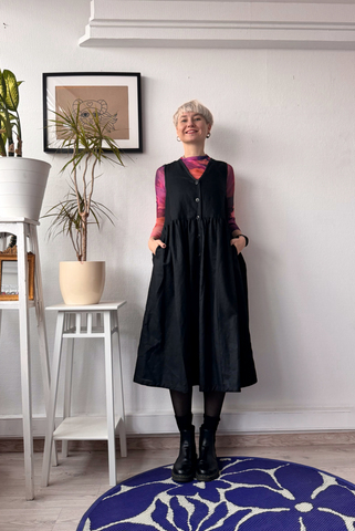 Black Linen Blend Pinafore Dress with buttons and pockets