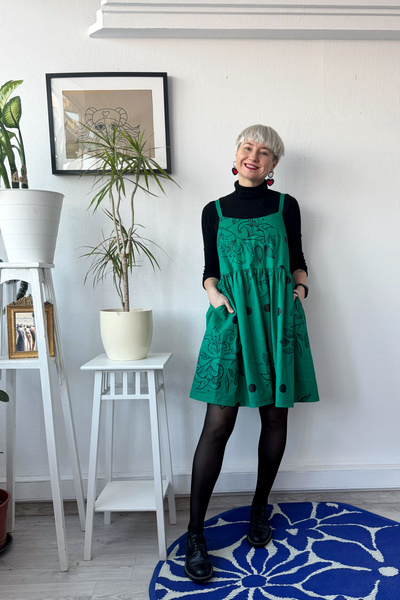 One of a Kind Size M Green Linen Blend Pinafore Dress with Handprinted Original Drawings on Spagetti straps