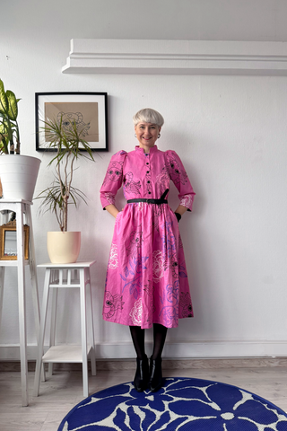 Size M Puff Shoulder One of A Kind Bright Light Pink Button Up Shirt Dress in Linen Blend Fabric with Handprinted Original drawings