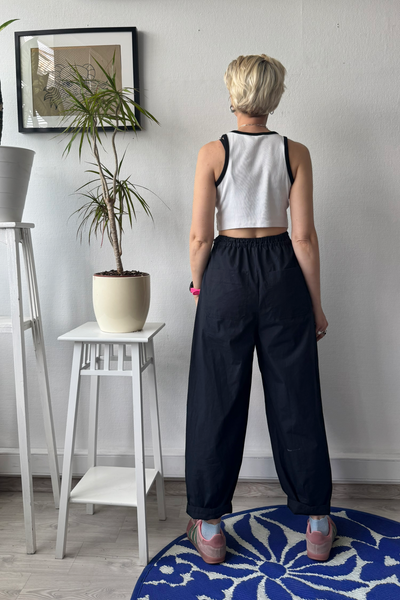 Black Cotton Wide Barrel Leg Statement  Pants in full Length with Sew On Side and Back Pockets