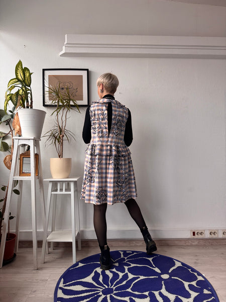 Doll Dress in Light Blue and Peach Gingham Cotton with Handrpinted drawings perfect for layering all seasons