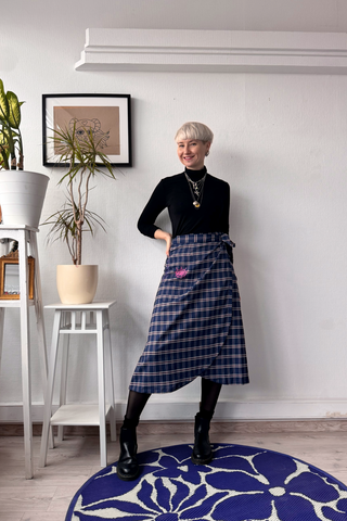 Handprinted One of a Kind Wrap A line MIDI skirt with Pocket Detail. Size M