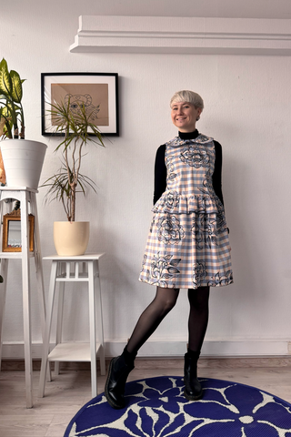 Doll Dress in Light Blue and Peach Gingham Cotton with Handrpinted drawings perfect for layering all seasons