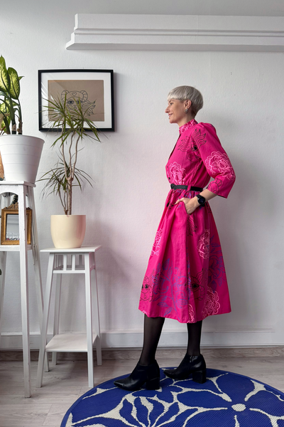 Size S and L Puff Shoulder Bright Magenta Pink Button Up Shirt Dress in Linen Blend Fabric with Handprinted Original drawings