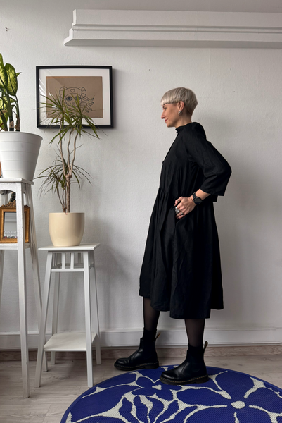 Size L Puff Shoulder Button Up Shirt Dress in Black Linen Blend Fabric in  MINI/MIDI