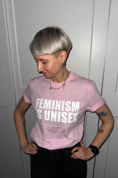 Feminism is Unisex - Soft Pink Organic Unisex Tshirt with White Print