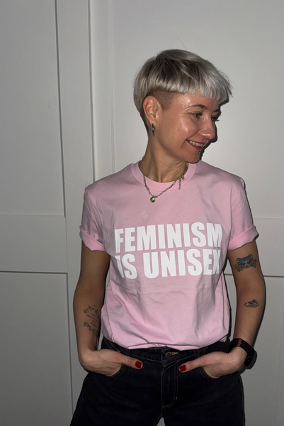 Feminism is Unisex - Soft Pink Organic Unisex Tshirt with White Print
