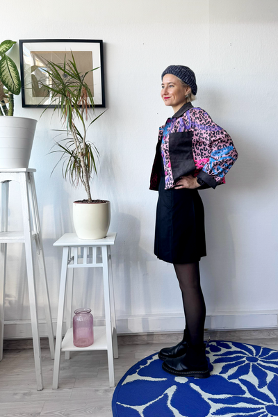 Patterned Cropped Pink  Statement Jacket with Handprinted Original drawings and Corduroy details in size S