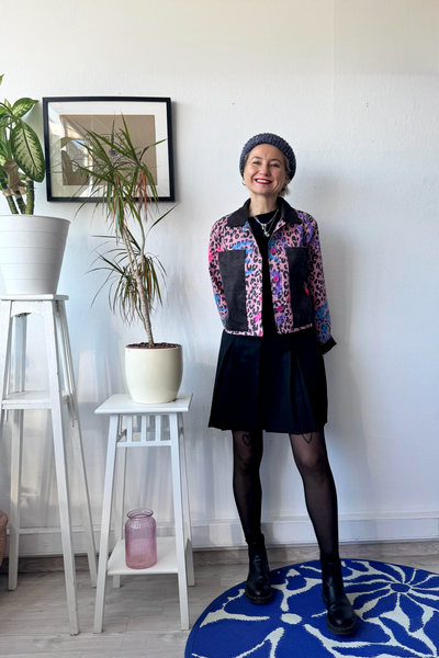 Patterned Cropped Pink  Statement Jacket with Handprinted Original drawings and Corduroy details in size S