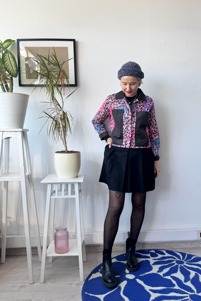 Patterned Cropped Pink  Statement Jacket with Handprinted Original drawings and Corduroy details in size S