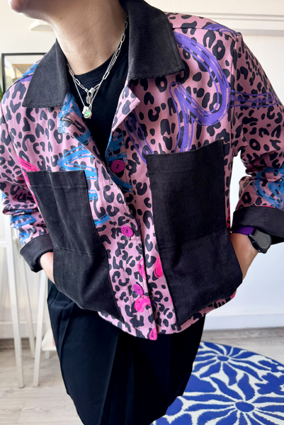 Patterned Cropped Pink  Statement Jacket with Handprinted Original drawings and Corduroy details in size S