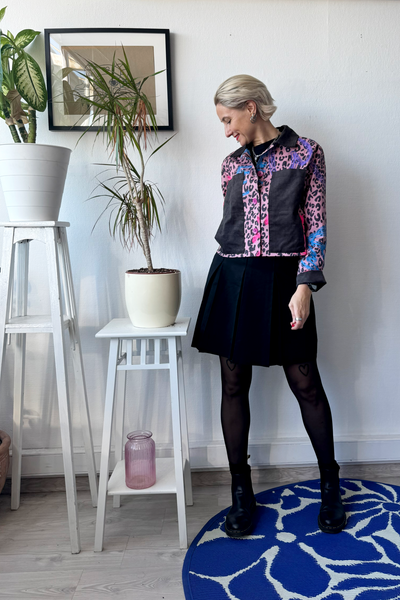 Patterned Cropped Pink  Statement Jacket with Handprinted Original drawings and Corduroy details in size S