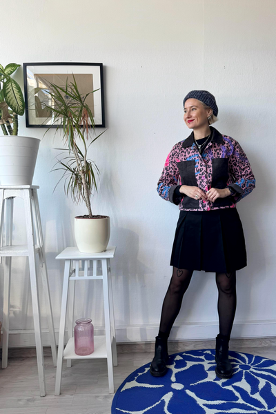Patterned Cropped Pink  Statement Jacket with Handprinted Original drawings and Corduroy details in size S