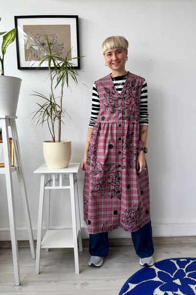Sample Sale size M Pink Tartan Cotton Pinafore Dress with Original Hand Made Print