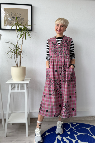 Sample Sale size M Pink Tartan Cotton Pinafore Dress with Original Hand Made Print