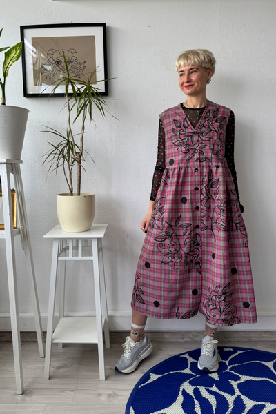 Sample Sale size M Pink Tartan Cotton Pinafore Dress with Original Hand Made Print