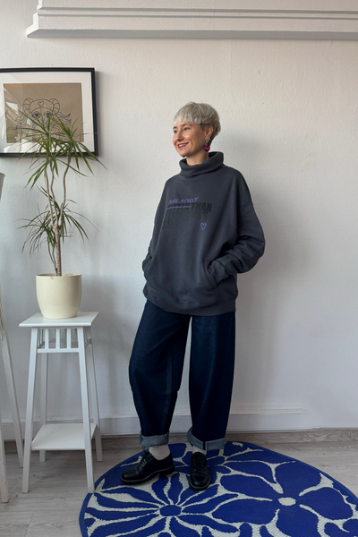 Unisex sweater More Myself Than Yesterdays Self: Dark grey +Black and Purple print Organic cotton