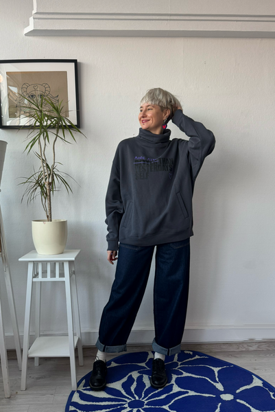 Unisex sweater More Myself Than Yesterdays Self: Dark grey +Black and Purple print Organic cotton