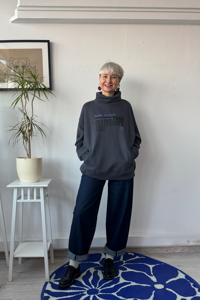 Unisex sweater More Myself Than Yesterdays Self: Dark grey +Black and Purple print Organic cotton