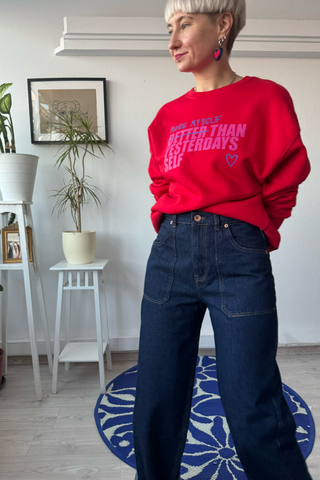 Bright Red Oversized Organic Cotton Sweater with Special, Original and Handprinted Statement - More Myself