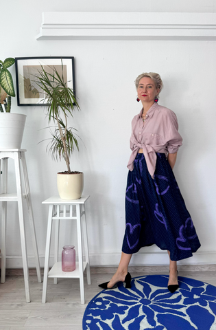 Dark blue polka dot skirt with original handprinted heart pattern One Size Fits Many Skirt with Pockets in light viscose- A Minimalist Dream