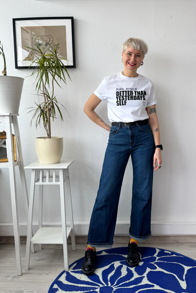 White Organic Cotton Unisex T-shirt with Handprinted Black and Purple More Myeself Than Yesterdays Self Statement