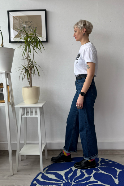 White Organic Cotton Unisex T-shirt with Handprinted Black and Purple More Myeself Than Yesterdays Self Statement