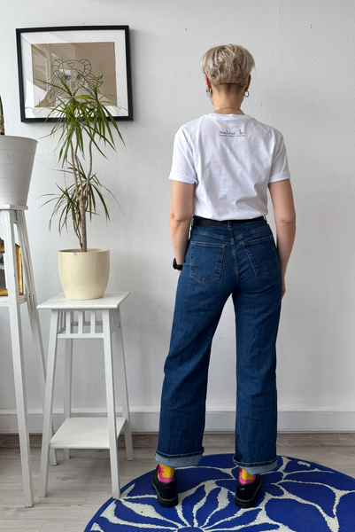 White Organic Cotton Unisex T-shirt with Handprinted Black and Purple More Myeself Than Yesterdays Self Statement