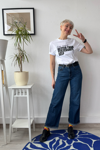White Organic Cotton Unisex T-shirt with Handprinted Black and Purple More Myeself Than Yesterdays Self Statement