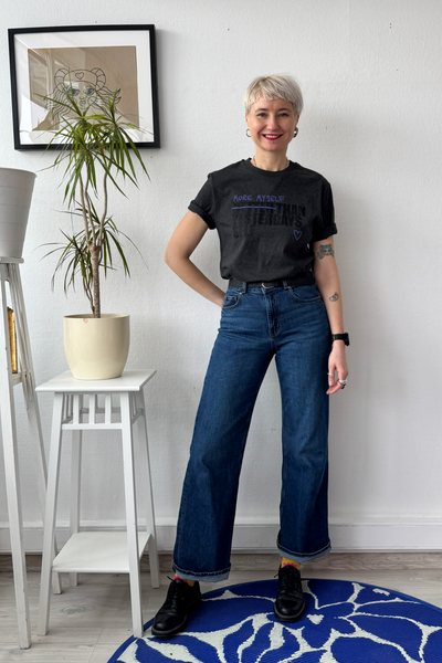 Black and Purple on Dark Grey Melange Organic Cotton Unisex T shirt More Myself Than Yesterdays Self