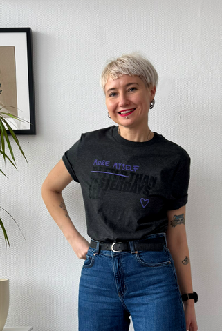 Black and Purple on Dark Grey Melange Organic Cotton Unisex T shirt More Myself Than Yesterdays Self