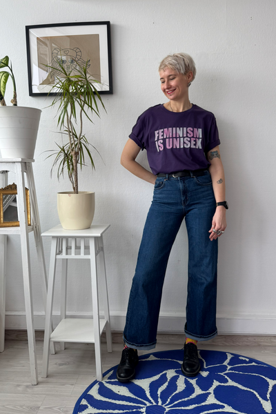 Feminism is Unisex - Plum Purple Organic Oversized Unisex Tshirt with Unicorn Grafient Print