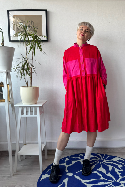 Size M Color Block Pink and Red Linen Blend Oversized Mini Shirt Dress