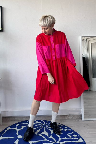 Size M Color Block Pink and Red Linen Blend Oversized Mini Shirt Dress