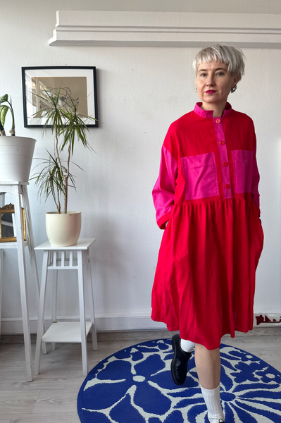 Size M Color Block Pink and Red Linen Blend Oversized Mini Shirt Dress