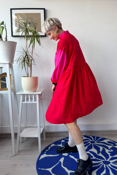 Size M Color Block Pink and Red Linen Blend Oversized Mini Shirt Dress
