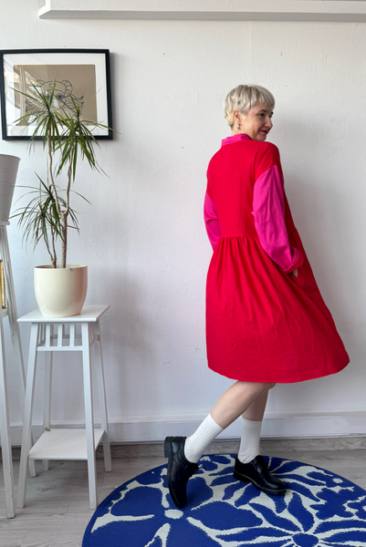 Size M Color Block Pink and Red Linen Blend Oversized Mini Shirt Dress