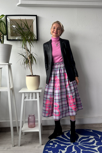 Light purple checked light cotton skirt with original handprinted heart pattern One Size Fits Many Skirt with Pockets in light viscose- A Minimalist Dream