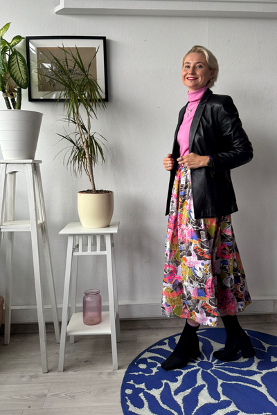 Colorful patterned viscose skirt with original handprinted signature pattern One Size Fits Many Skirt with Pockets in light viscose- A Minimalist Dream