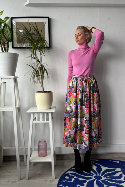 Colorful patterned viscose skirt with original handprinted signature pattern One Size Fits Many Skirt with Pockets in light viscose- A Minimalist Dream
