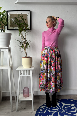 Colorful patterned viscose skirt with original handprinted signature pattern One Size Fits Many Skirt with Pockets in light viscose- A Minimalist Dream