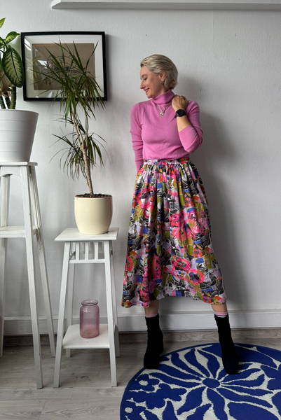 Colorful patterned viscose skirt with original handprinted signature pattern One Size Fits Many Skirt with Pockets in light viscose- A Minimalist Dream