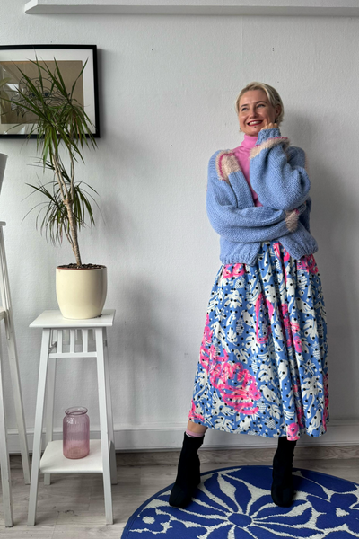 Light blue bird and polka dot cotton midi skirt with original handprinted signature pattern One Size Fits Many Skirt with Pockets in light cotton- A Minimalist Dream