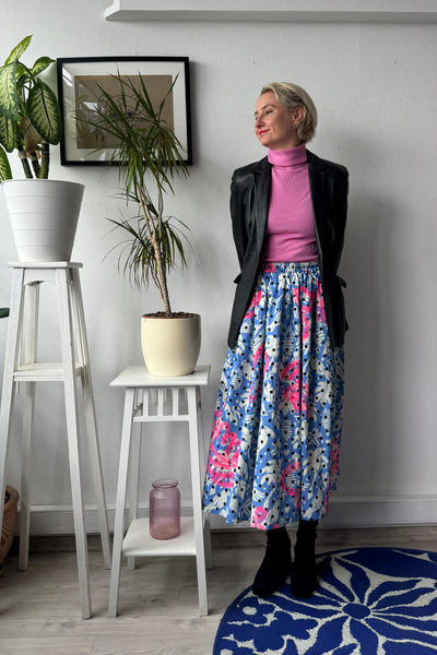Light blue bird and polka dot cotton midi skirt with original handprinted signature pattern One Size Fits Many Skirt with Pockets in light cotton- A Minimalist Dream