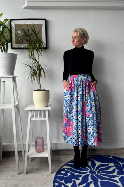 Light blue bird and polka dot cotton midi skirt with original handprinted signature pattern One Size Fits Many Skirt with Pockets in light cotton- A Minimalist Dream
